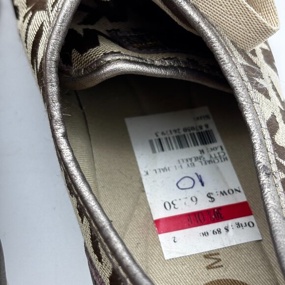 Michael Kors MK Signature Logo Print Lace Up Sneakers Brown Metallic Leather 10 - Picture 9 of 10